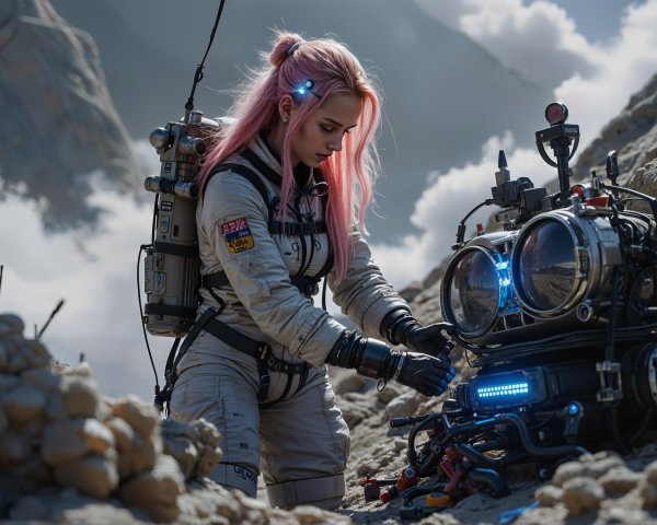 Futuristic astronaut repairs device in alien landscape