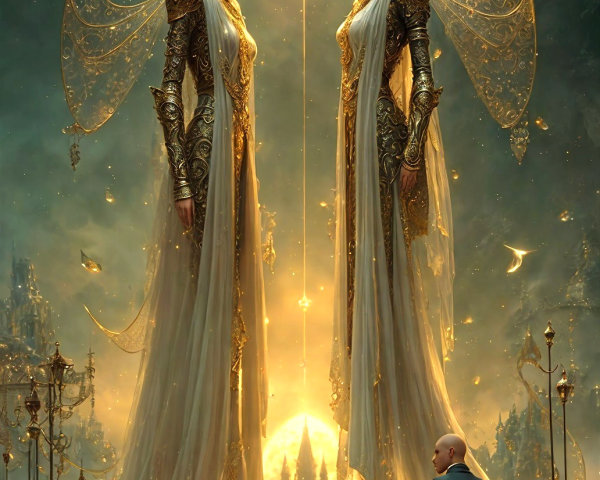 Majestic Figures in a Golden Mystical Landscape