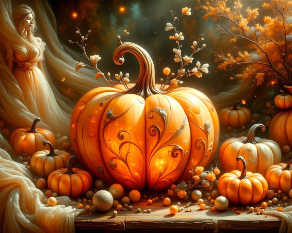 Ornate pumpkin display with glowing lights and decor