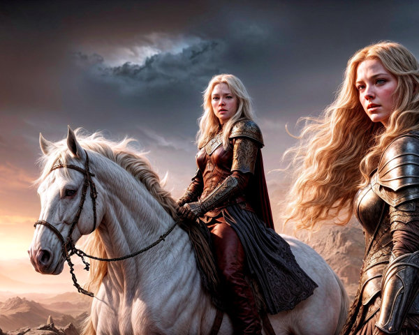 Fierce Women in Armor Riding a White Horse at Sunset