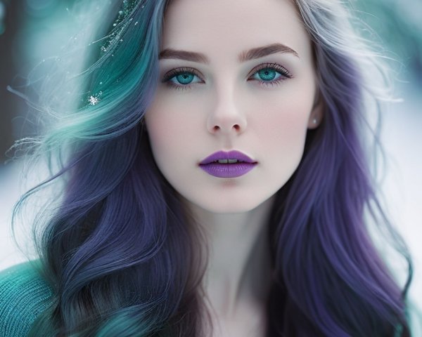 Young woman with purple and teal hair in winter scene