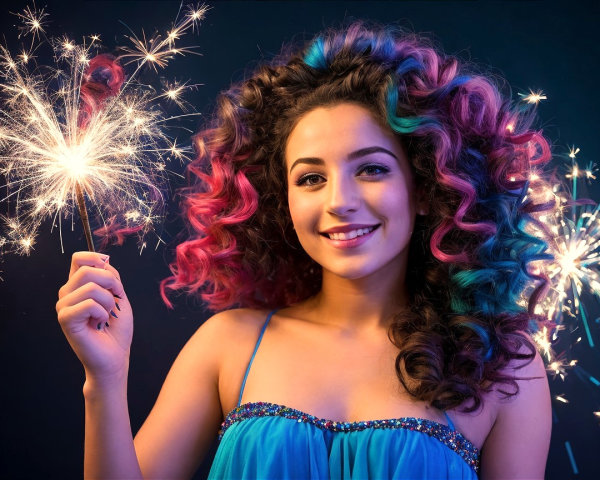 Young woman with colorful hair holding sparklers