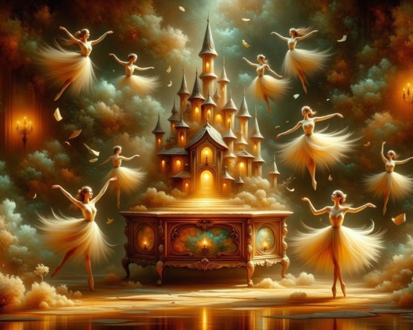 Majestic Castle with Ballerinas in Dreamlike Setting