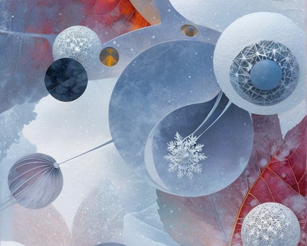 Abstract Winter Scene with Snowflakes and Frosty Leaves