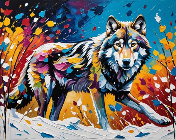 Colorful Wolf in a Snowy Autumn Landscape