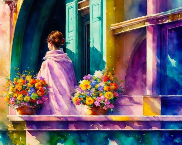 Woman in Lavender Shawl on Colorful Balcony Scene