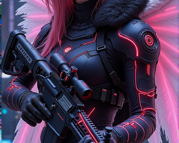 Futuristic warrior in black suit with pink accents