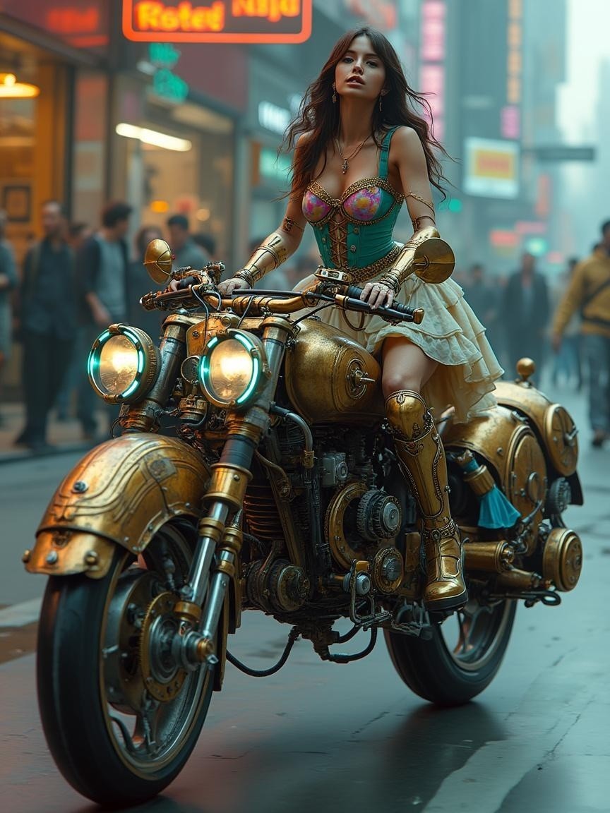 Confident Woman on Vintage Steampunk Motorcycle in City