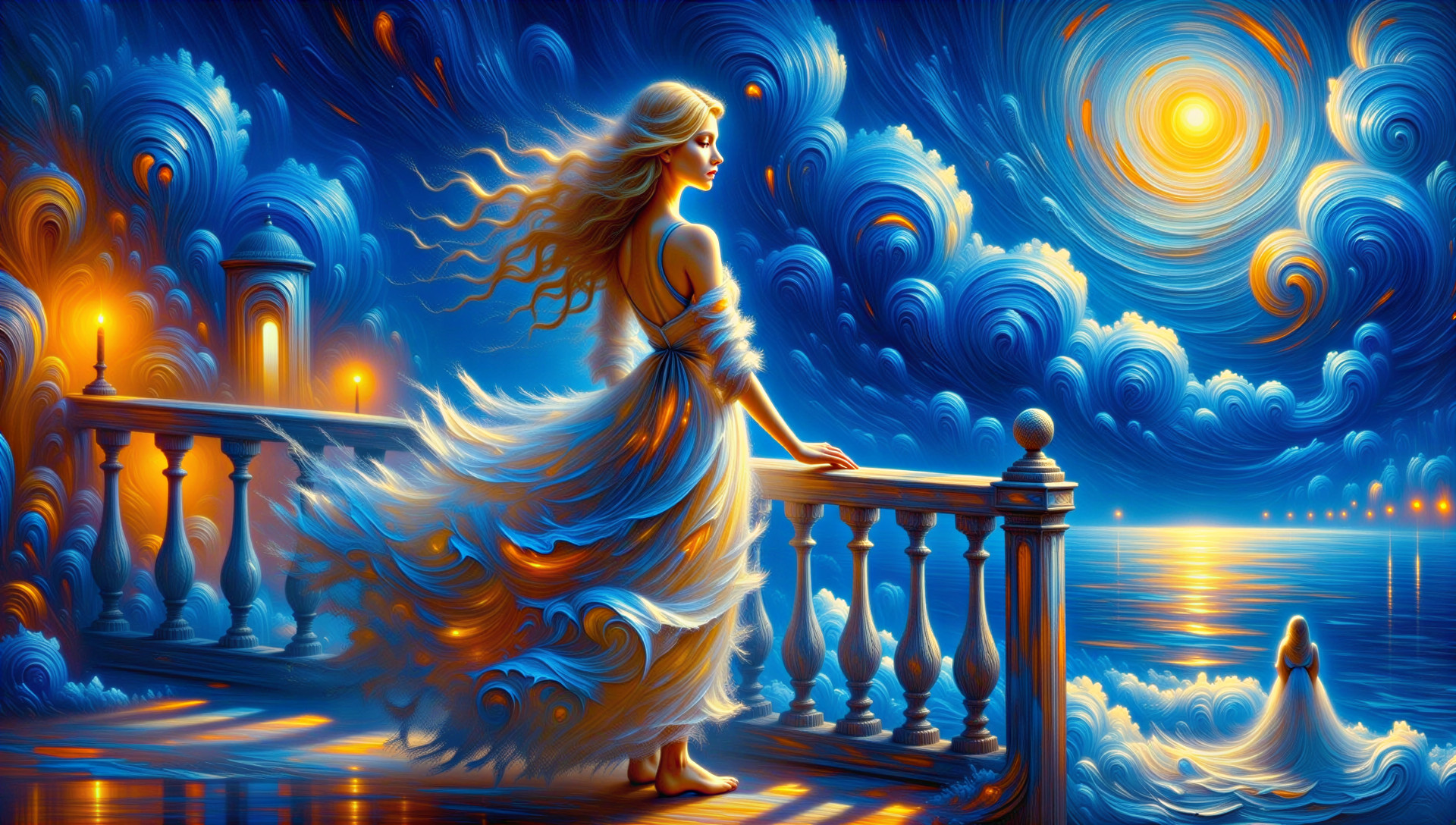 Woman on Balcony Overlooking Ocean at Sunset