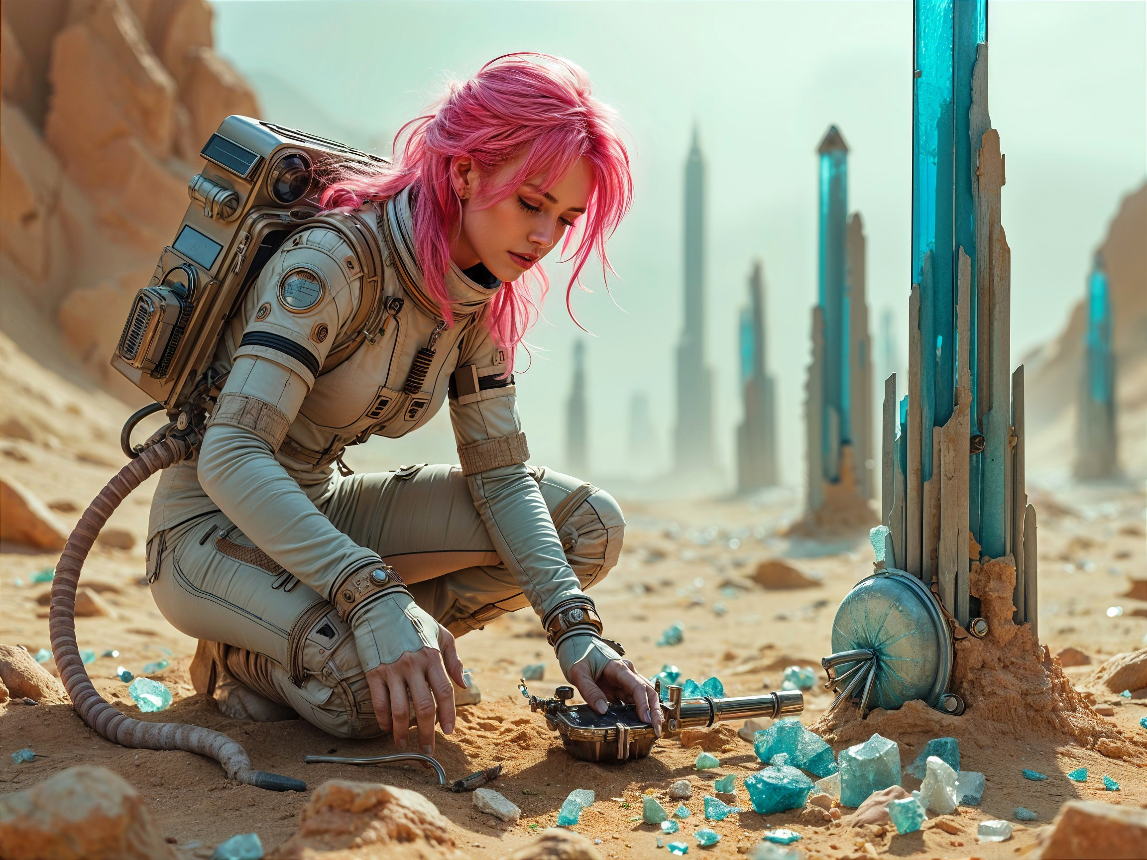 Surreal Desert Scene with Woman and Crystals