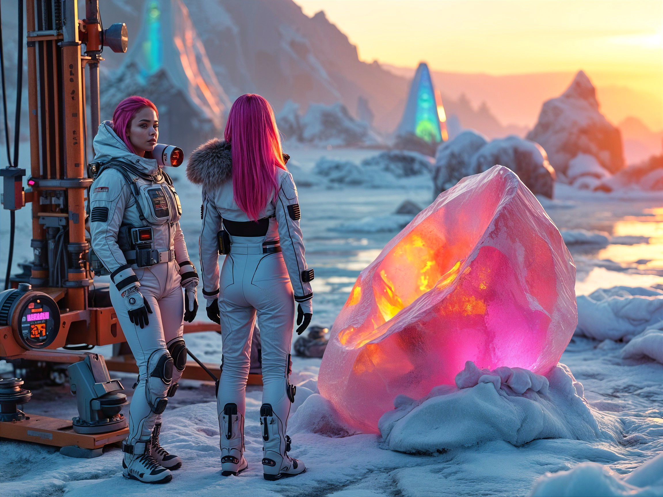 Astronauts in Alien Landscape with Crystalline Structure