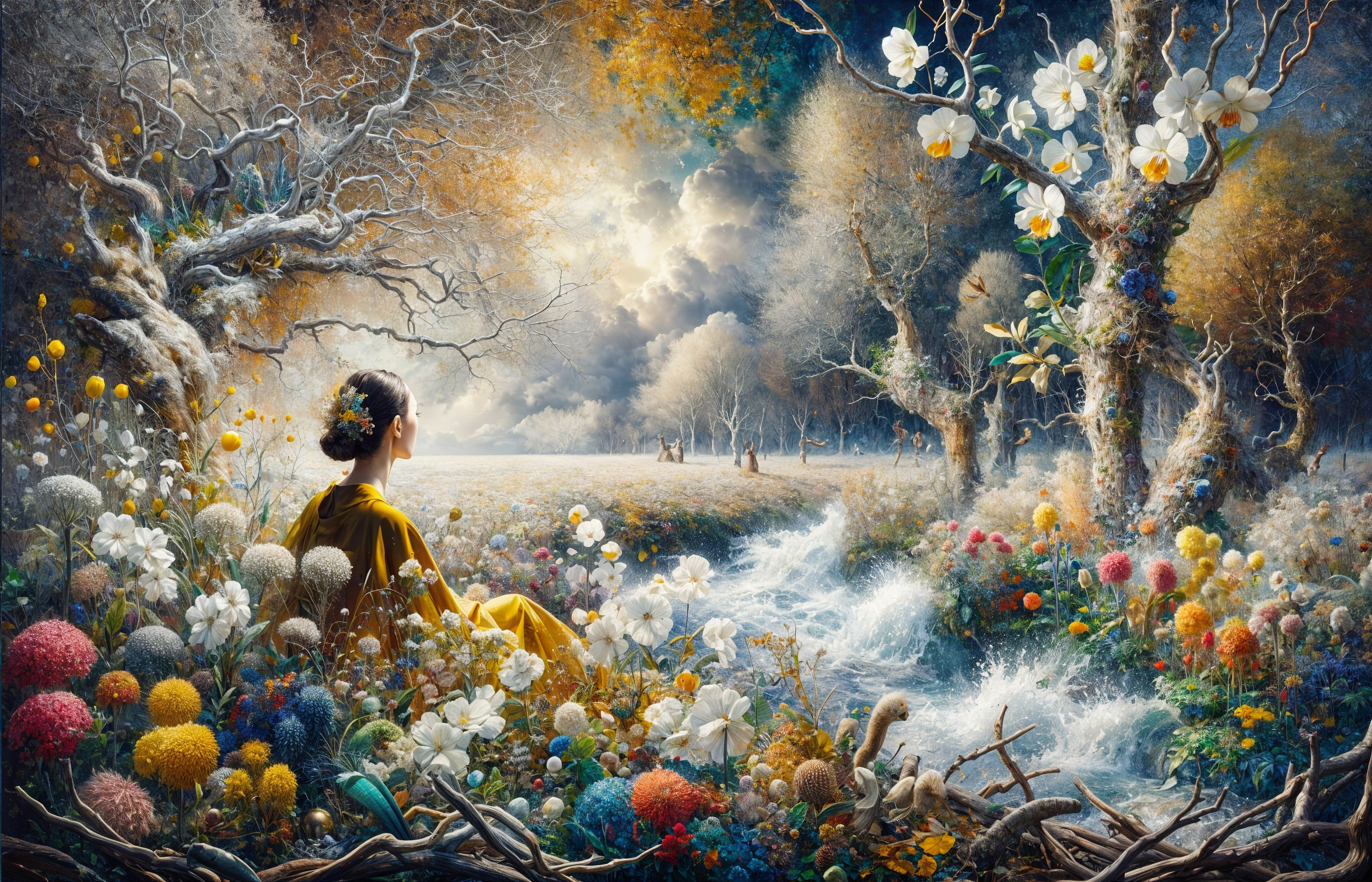 Serene Woman in Yellow Dress by Flowing Stream