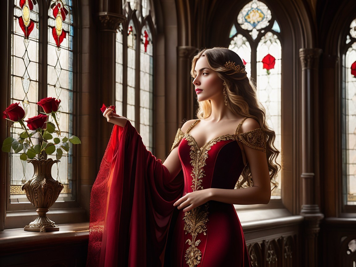 Woman in Red Gown by Gothic Window with Rose