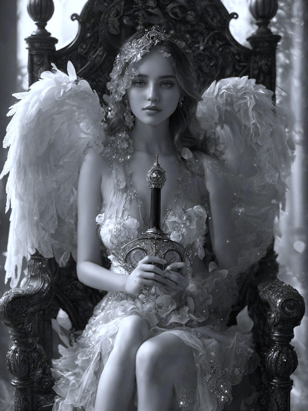 Serene figure on ornate throne with wings and sword