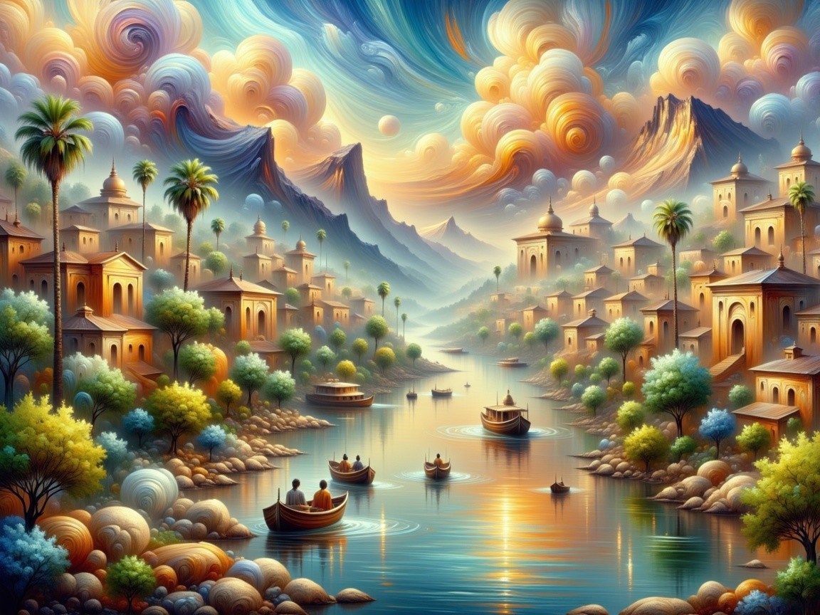 Vibrant Dreamlike Landscape with River and Mountains
