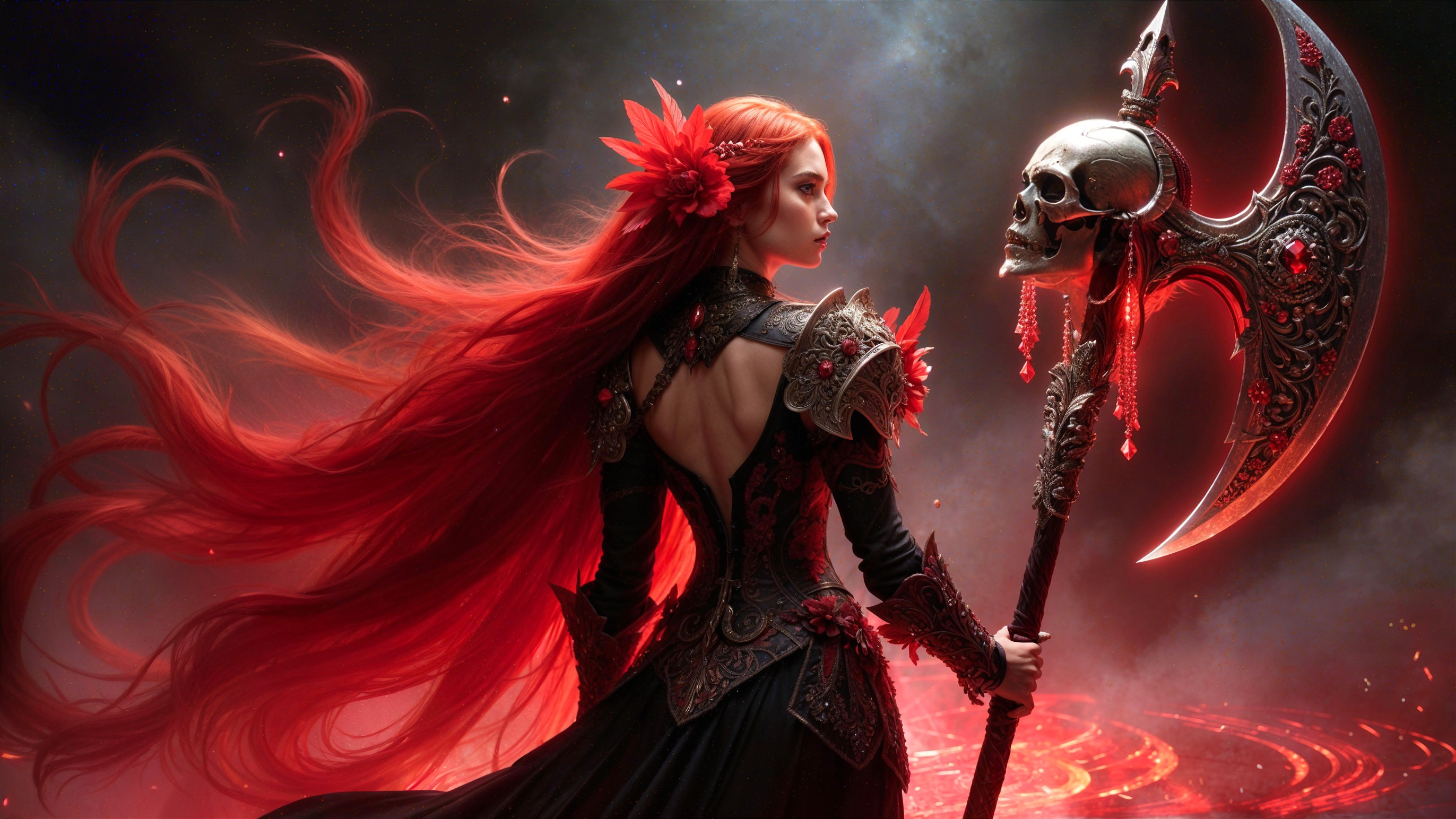 Fierce warrior in ornate armor with glowing embers