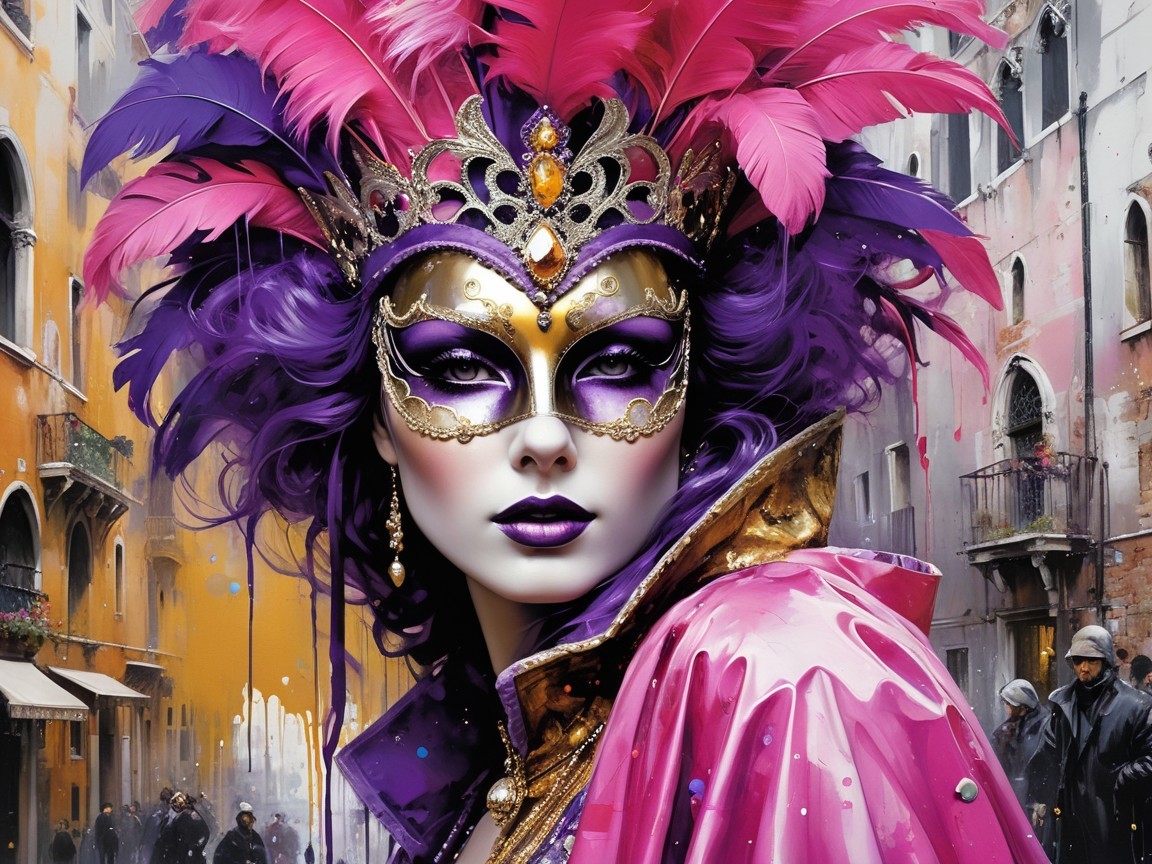 Woman in Purple and Gold Masquerade at Carnival