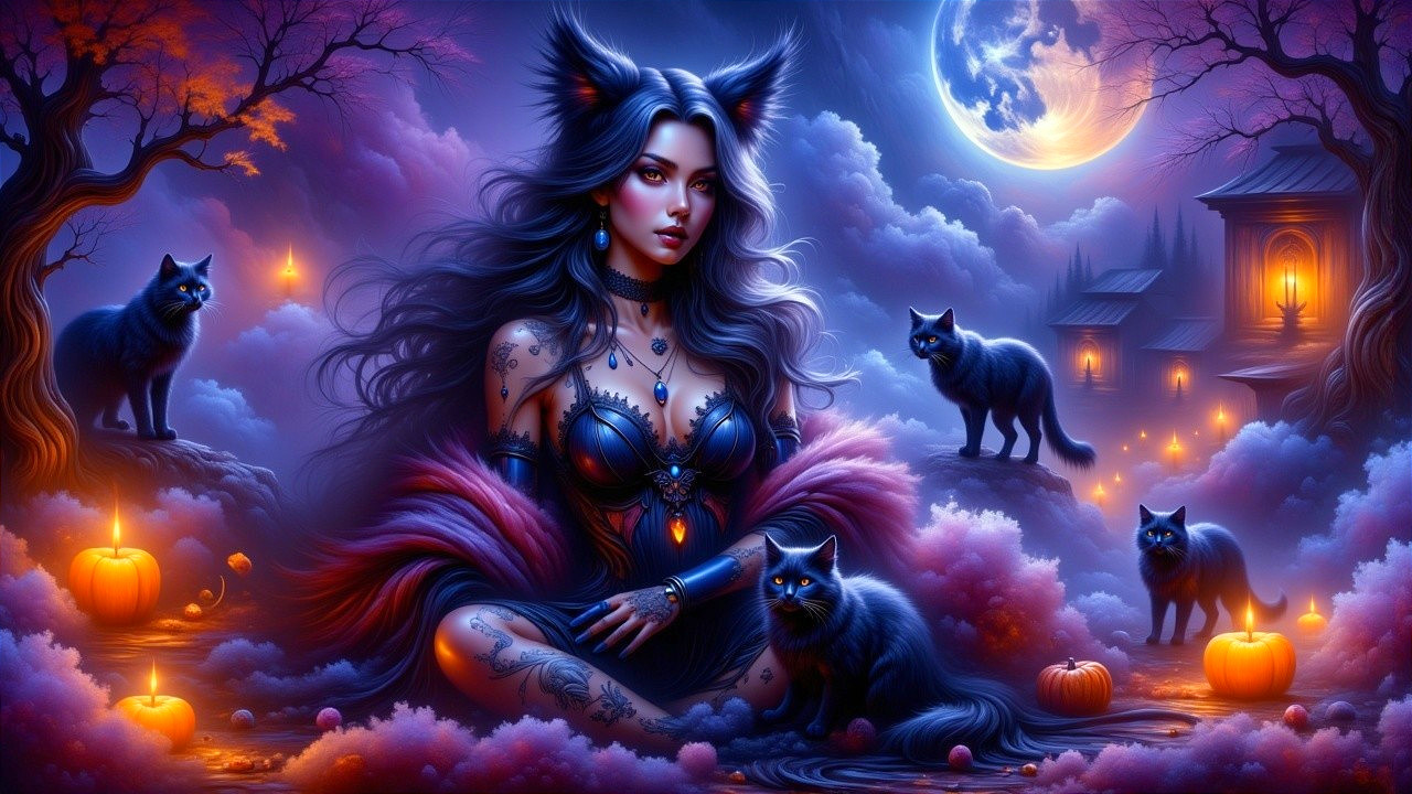Gothic Woman with Cat Ears in Mystical Landscape