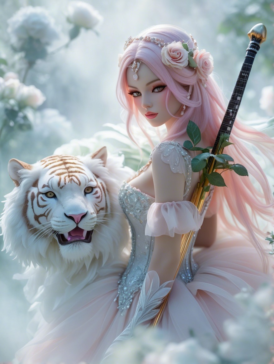 Elegant figure with white tiger in rose backdrop