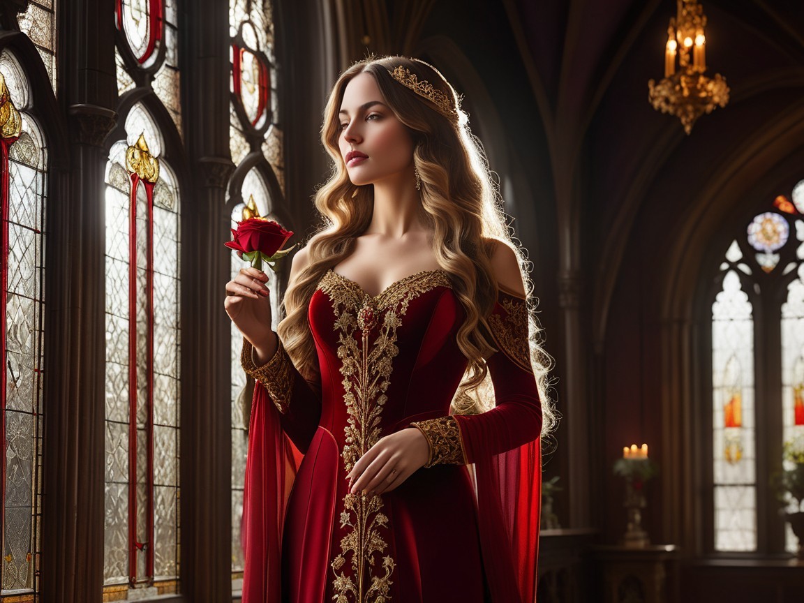 Regal Woman in Gothic Setting with Stained Glass Light