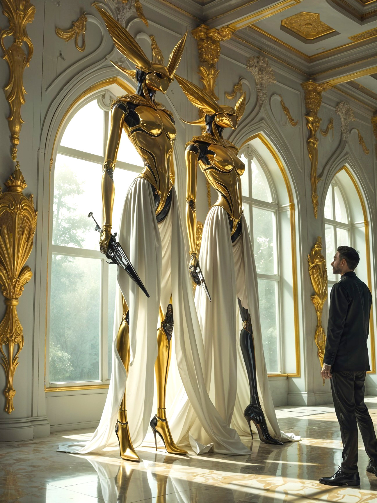 Golden Robotic Figures in Opulent Room Decor