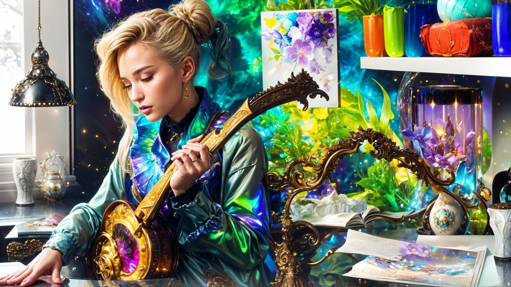 Young Woman Playing Stringed Instrument in Colorful Room