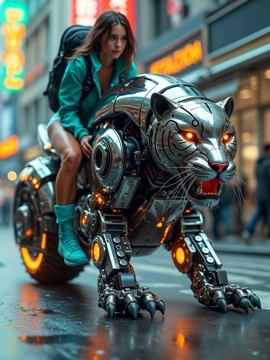 Young Woman Riding Futuristic Robotic Tiger in City