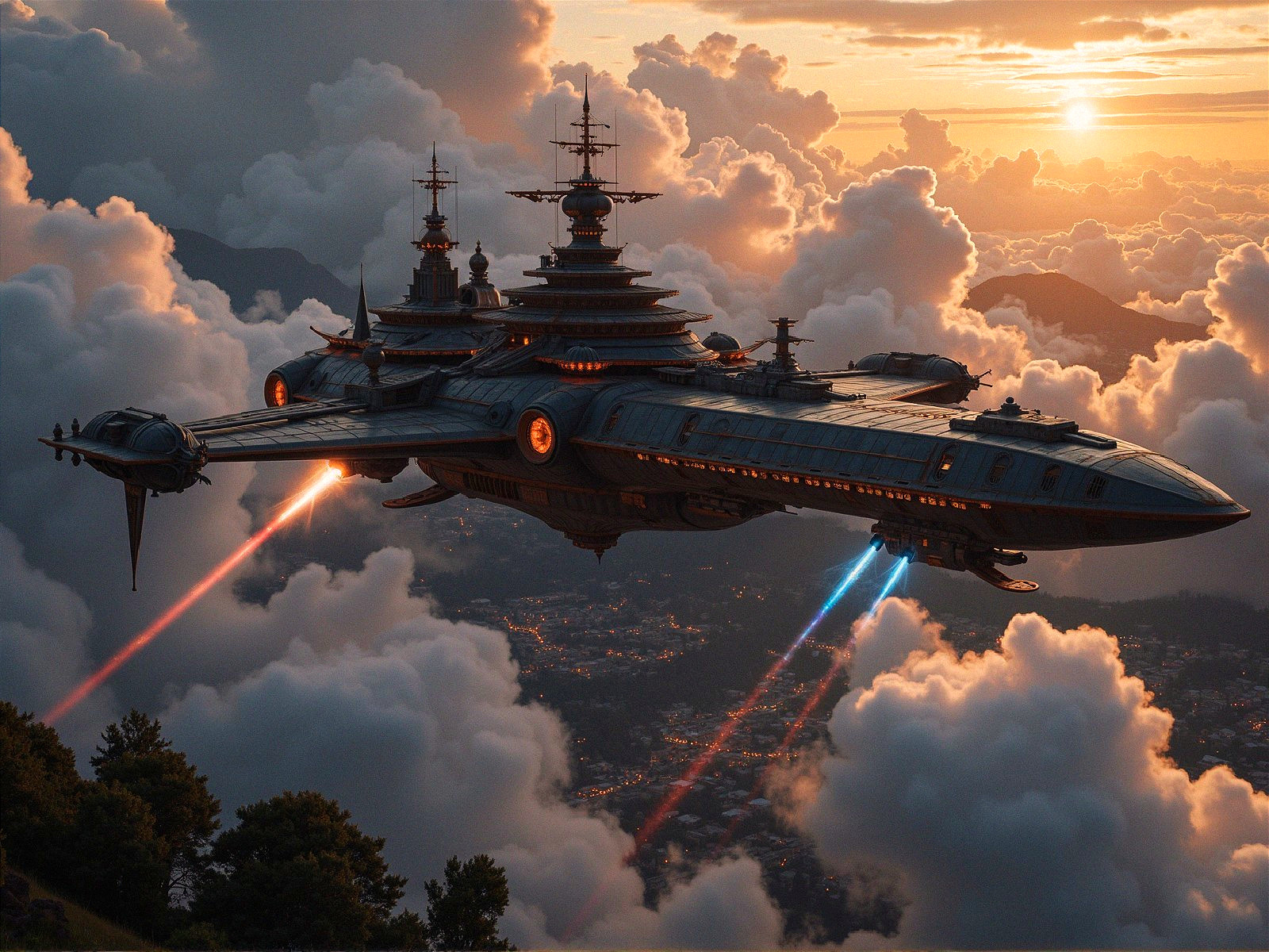 Futuristic airship in vibrant sunset sky with clouds