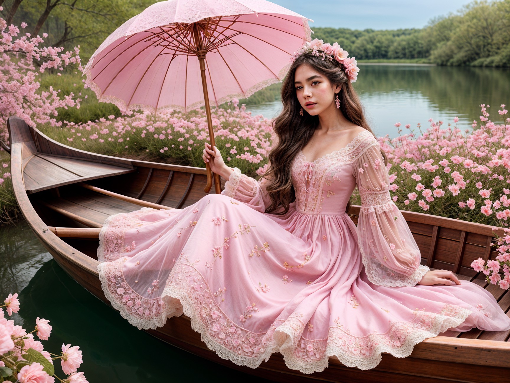 Young Woman in Pink Dress on Serene Flower Boat