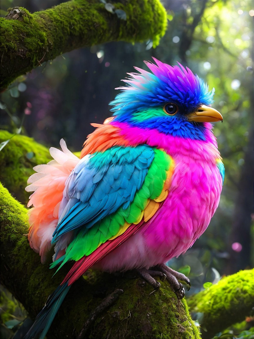 Vibrant Cartoon Bird on Mossy Branch in Lush Setting