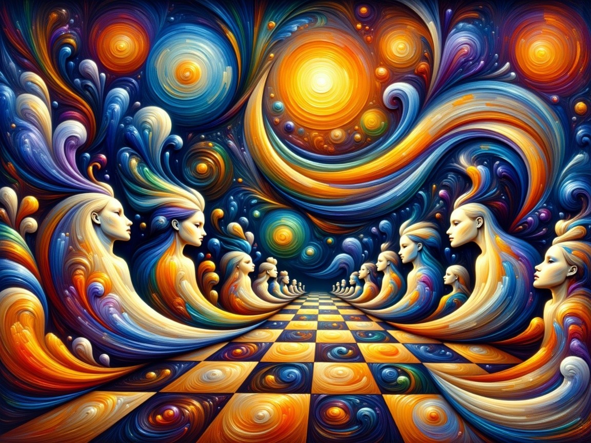 Vibrant Cosmic Landscape with Abstract Human Faces