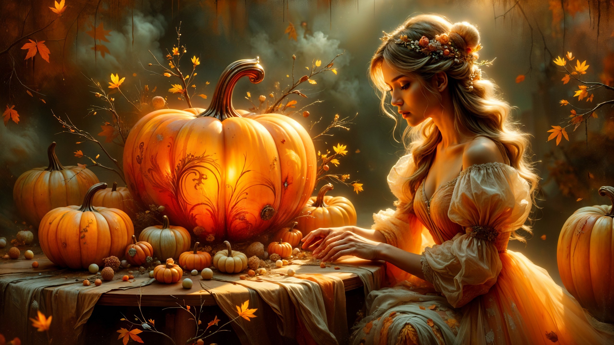 Autumn Scene with Woman in Orange Gown and Pumpkins