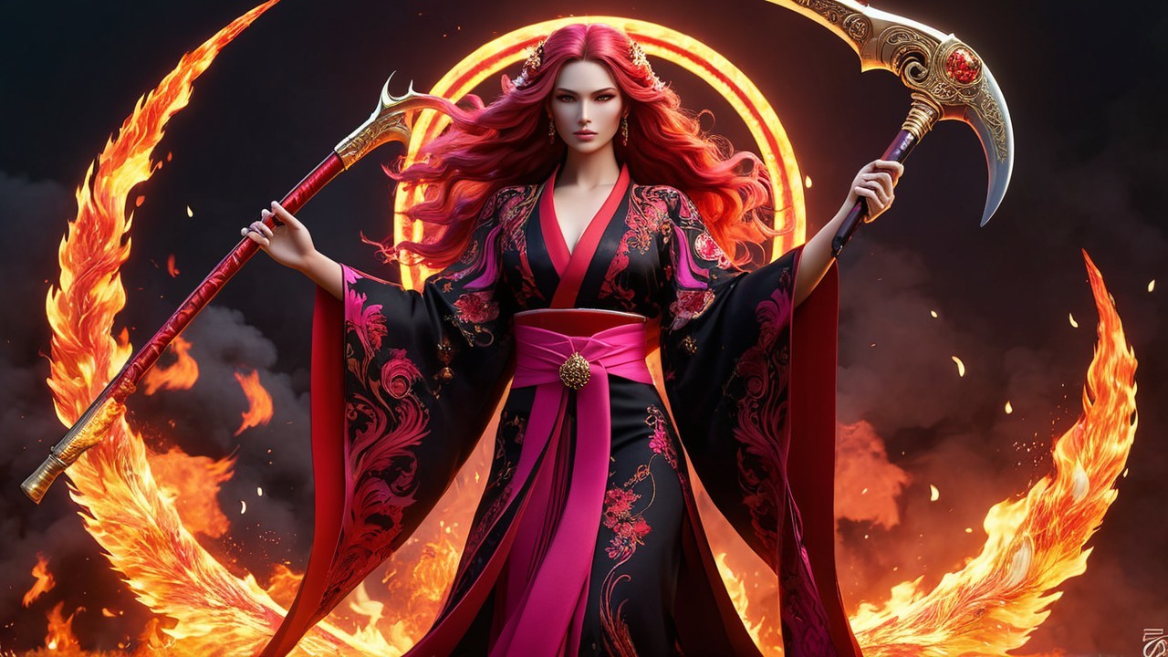 Female Warrior in Black and Red Kimono with Scythe
