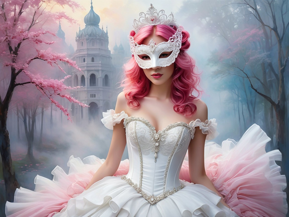 Woman in White Gown with Cherry Blossoms and Castle