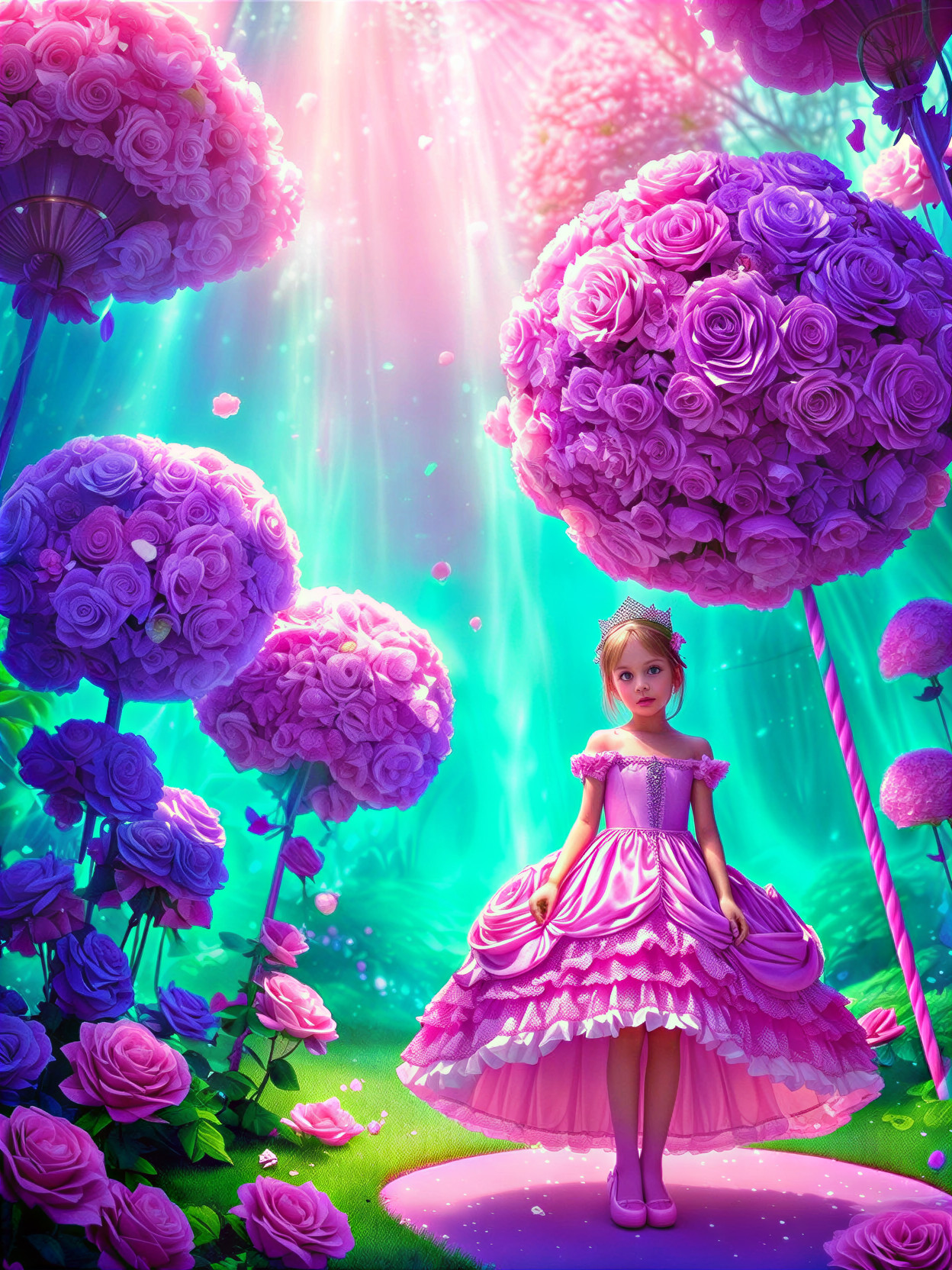 Young girl in enchanted garden with oversized flowers