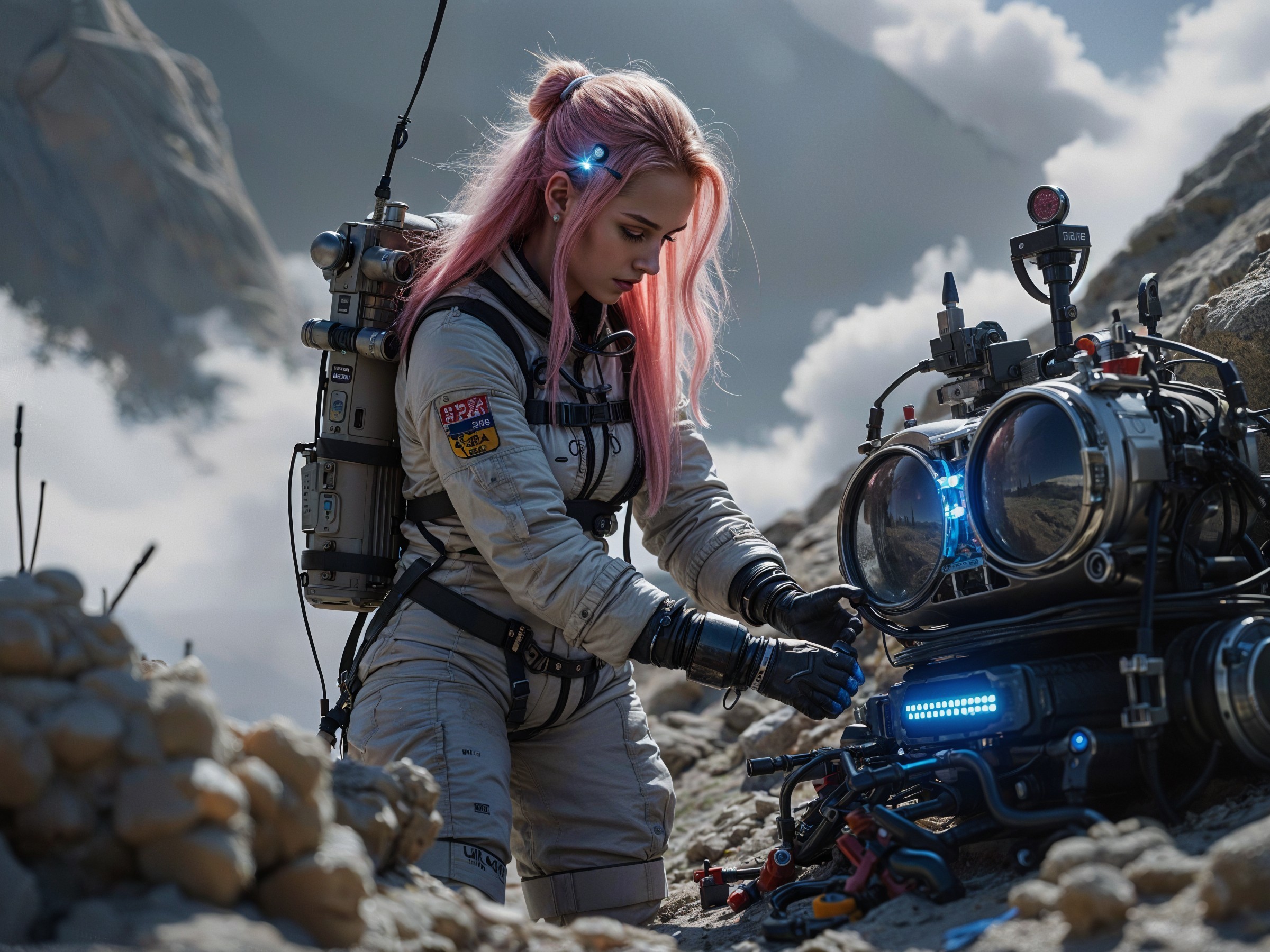 Futuristic astronaut repairs device in alien landscape