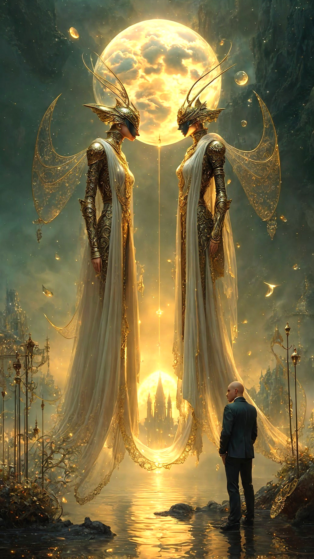 Majestic Figures in a Golden Mystical Landscape