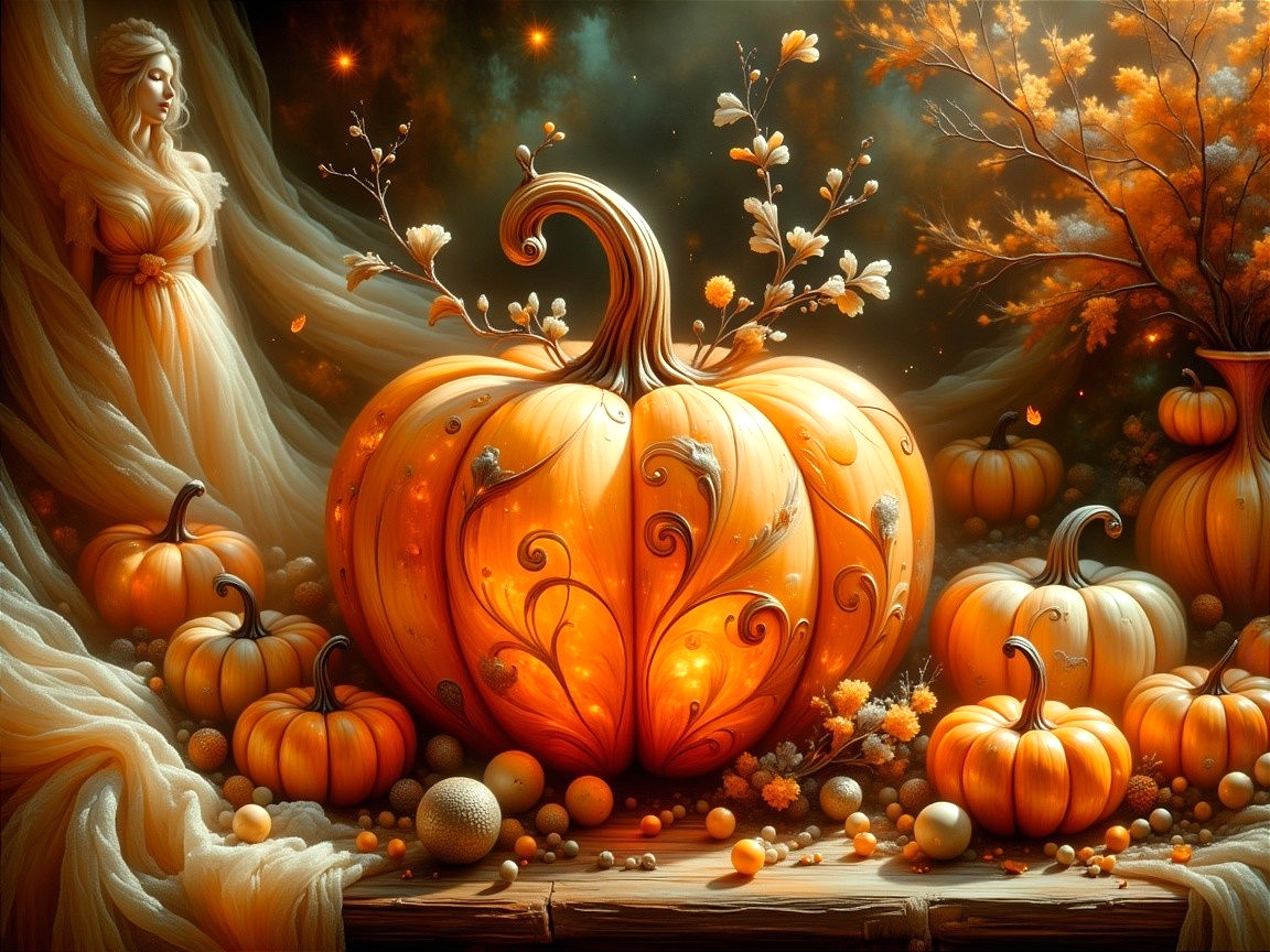 Ornate pumpkin display with glowing lights and decor