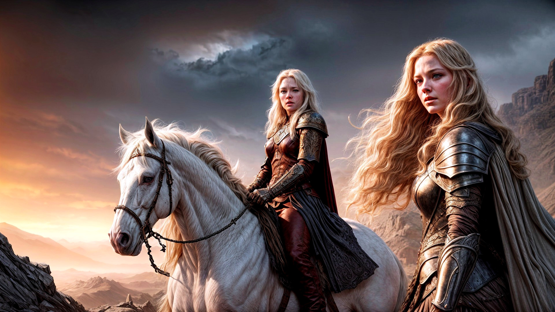 Fierce Women in Armor Riding a White Horse at Sunset