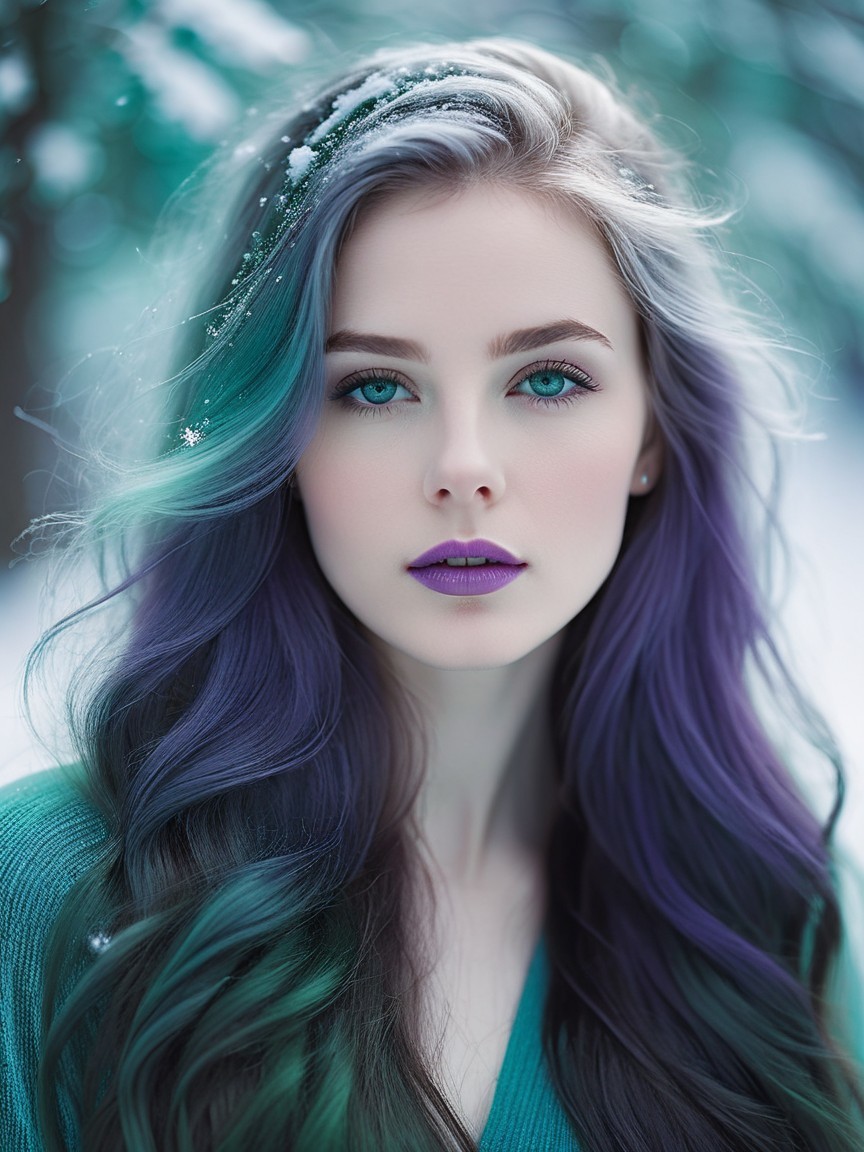 Young woman with purple and teal hair in winter scene