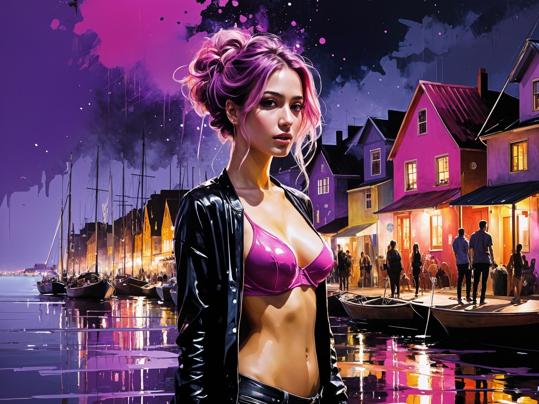 Young woman with pink hair by vibrant waterfront scene