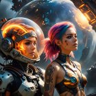 Futuristic Women with Space Helmet and Vibrant Hair