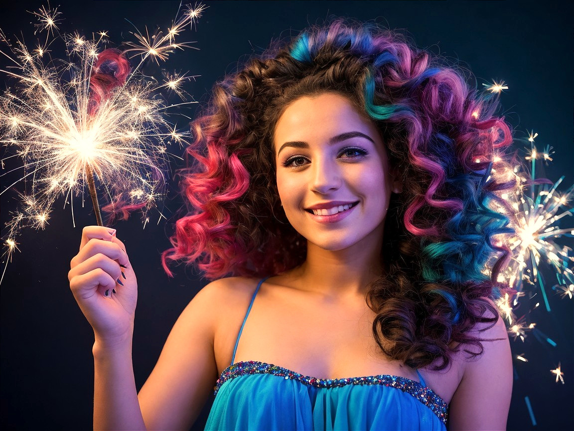 Young woman with colorful hair holding sparklers