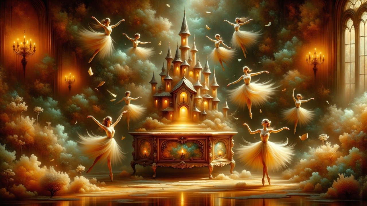 Majestic Castle with Ballerinas in Dreamlike Setting