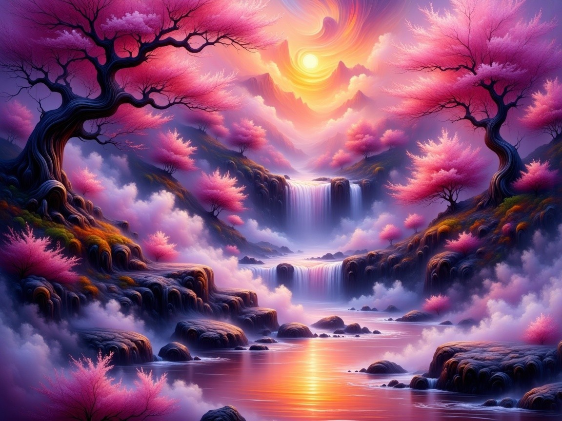 Cherry Blossom Landscape with Waterfalls and Sunset