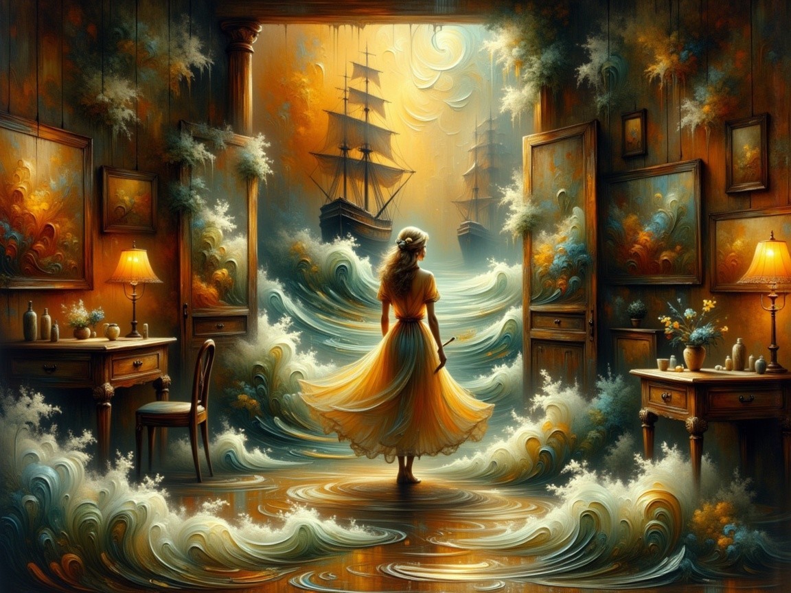 Woman in Yellow Dress at Open Door with Turbulent Sea