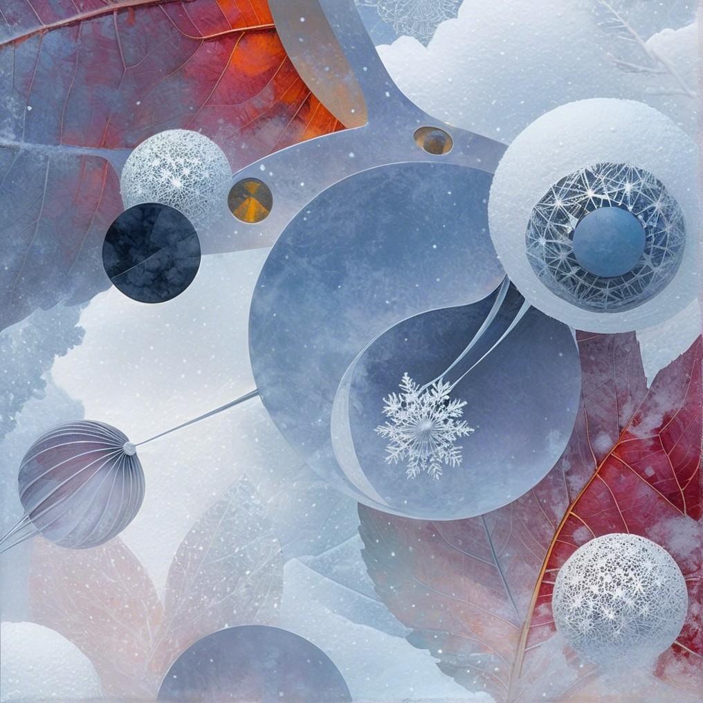 Abstract Winter Scene with Snowflakes and Frosty Leaves