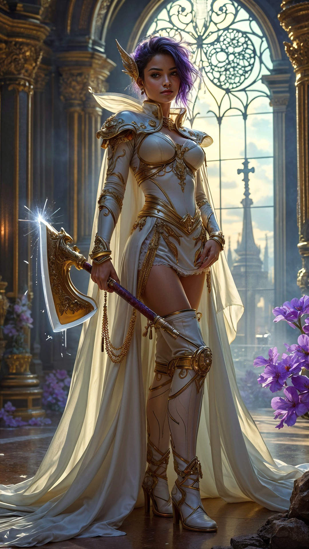 Powerful Female Warrior in Grand Hall with Axe