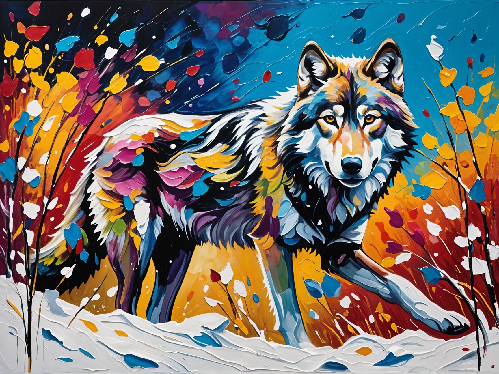 Colorful Wolf in a Snowy Autumn Landscape