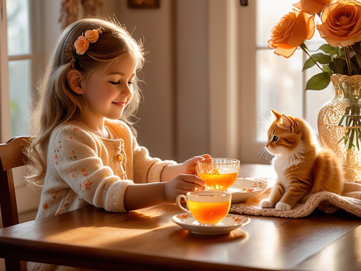 Cheerful girl offers tea to kitten in sunny setting